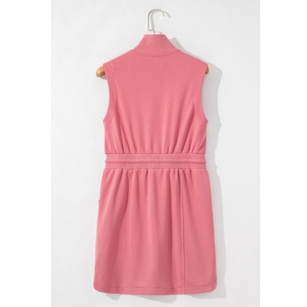 Casual Pink Zipped Polo Collar Drawstring Mini Dress S-M-L - Picture 5 of 10